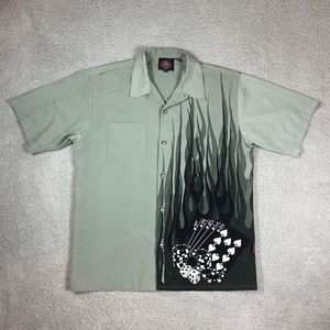 Dragonfly Road House Mens Short Sleeve Button Shirt Sz L Olive Aces Spades Poker